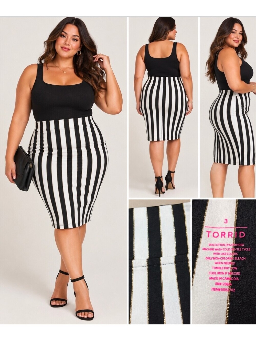 Torrid Size 3 Black White Gold Stripe Stretch Pencil Skirt Plus Size